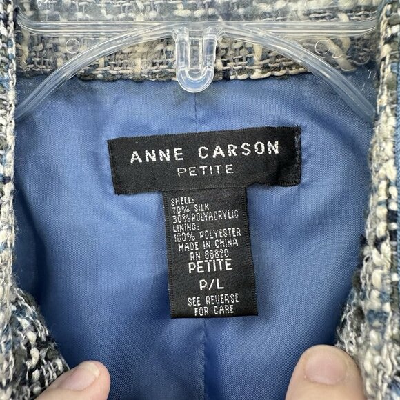 ANNE CARSON jacket blazer silk nubby boucle broach pockets office blue petite PL - Picture 6 of 6